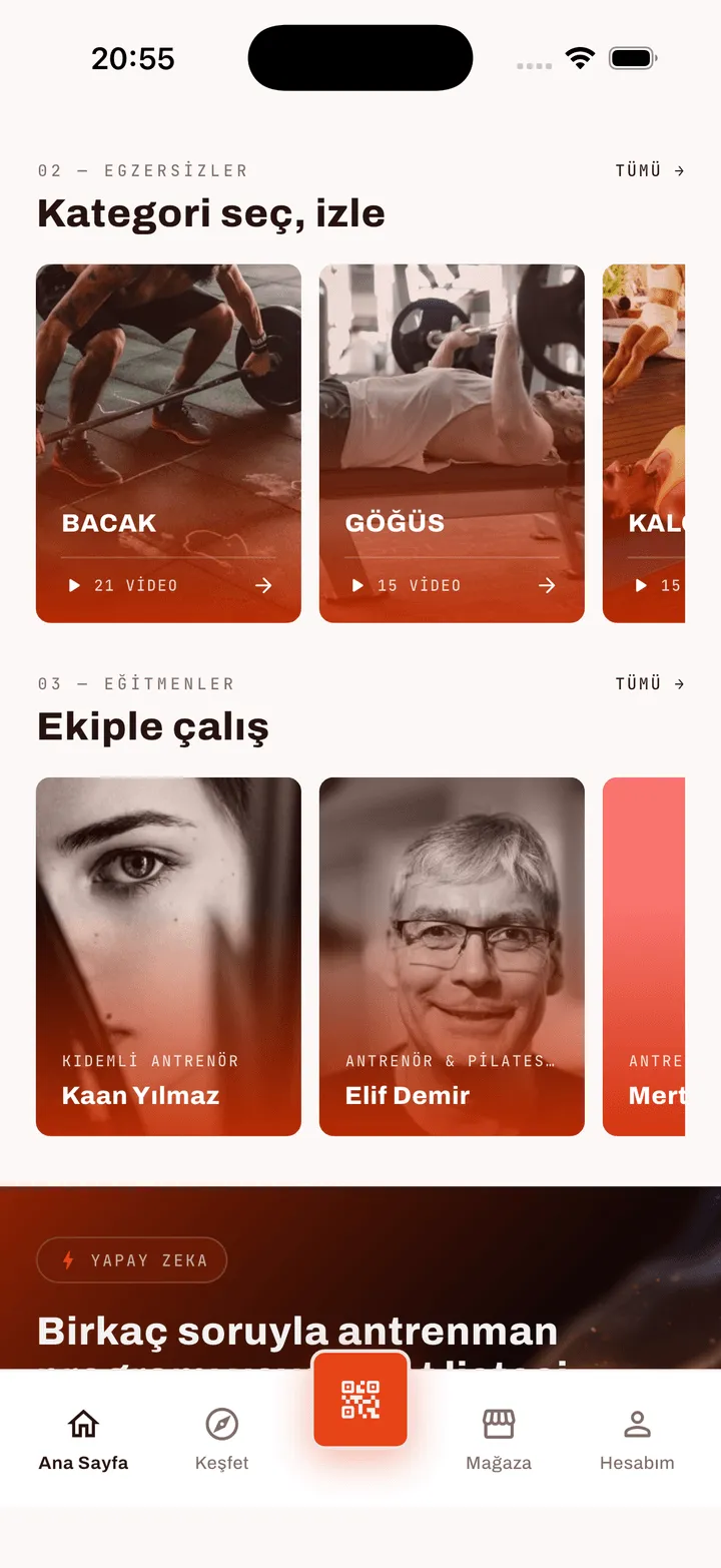 FitApp ana ekranında yan yana kayan egzersiz kategorisi kartları (Bacak, Göğüs, Kalça) ve altında eğitmen kartları.