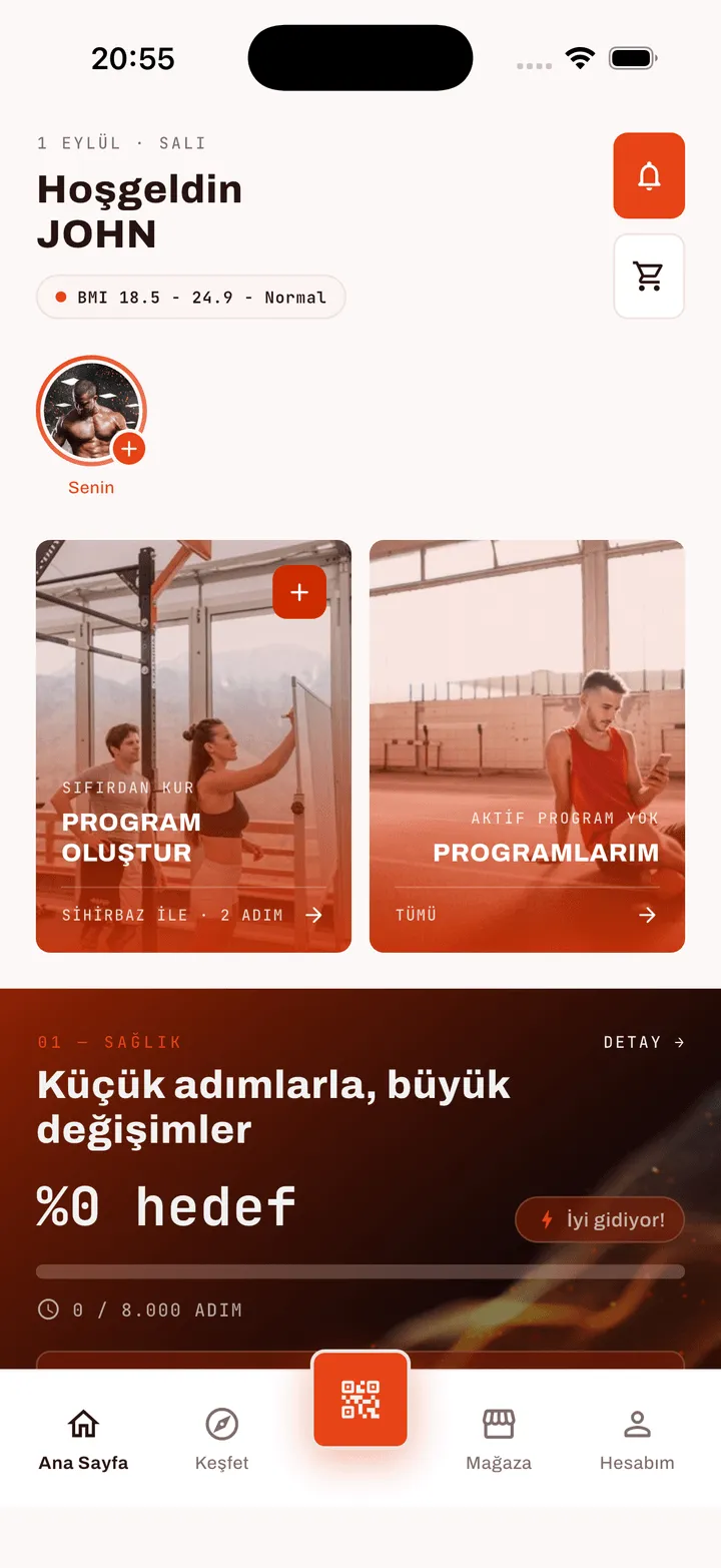 FitApp ana ekranındaki sağlık bölümü: günlük adım hedefine göre yüzde ilerleme çubuğu ve 'İyi gidiyor' geri bildirim rozeti.