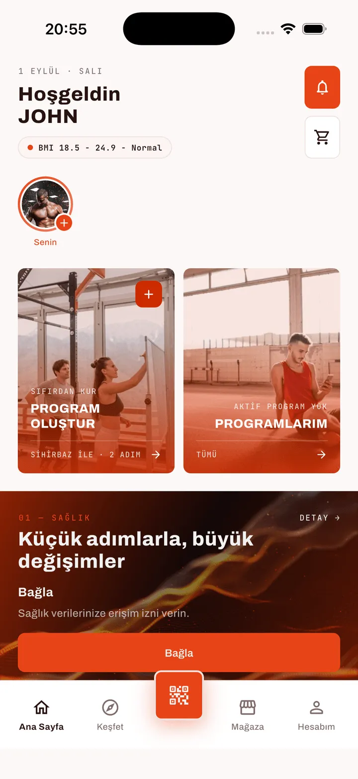 FitApp üye uygulamasının ana ekranı: üyeye adıyla hoş geldin mesajı, BKİ değeri rozeti, hikâye halkası ve 'Program Oluştur' ile 'Programlarım' kartları.