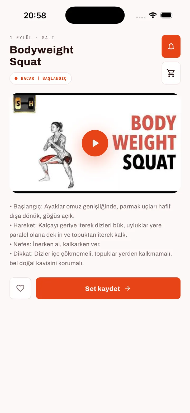 FitApp hareket detay ekranı: Bodyweight Squat videosu ve başlangıç, hareket, nefes, dikkat başlıklı dört maddeli uygulama anlatımı.