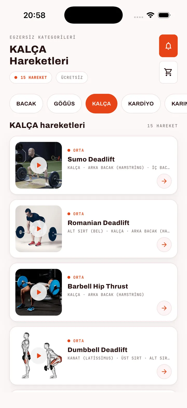 FitApp kalça hareketleri listesi: üstte kategori sekmeleri, altta Sumo Deadlift ve Romanian Deadlift gibi hareketler.