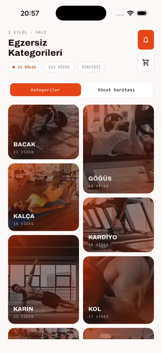 FitApp egzersiz kütüphanesi kategori ızgarası: Bacak, Göğüs, Kalça, Kardiyo, Karın ve Kol kartları, her birinde video sayısı.