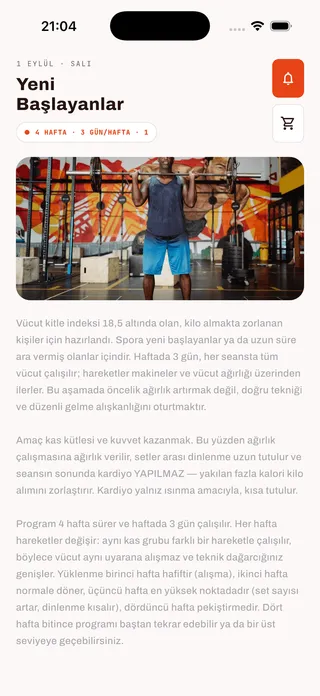 FitApp 'Yeni Başlayanlar' hazır program detayı: kapak görseli ve programın kimin için hazırlandığını anlatan açıklama metni.
