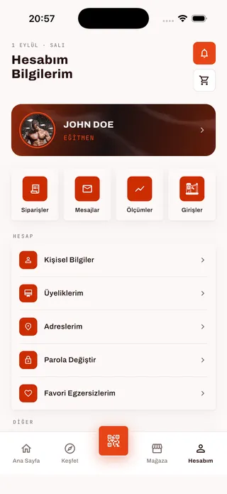 FitApp hesap ekranı: üye kartı, siparişler, mesajlar, ölçümler ve girişler kısayolları ile hesap ayarları listesi.