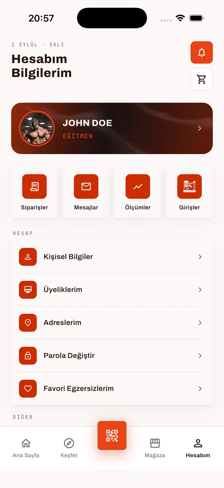 FitApp hesap ekranı: üye kartı, siparişler, mesajlar, ölçümler ve girişler kısayolları ile hesap ayarları listesi.