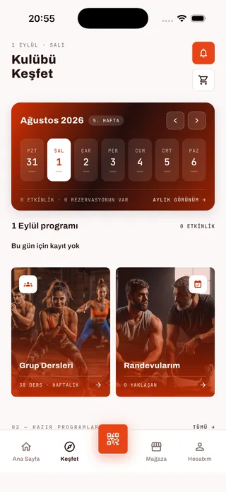 FitApp Keşfet sekmesi: haftalık gün seçici, günün etkinlik özeti ve 'Grup Dersleri' ile 'Randevularım' kartları.
