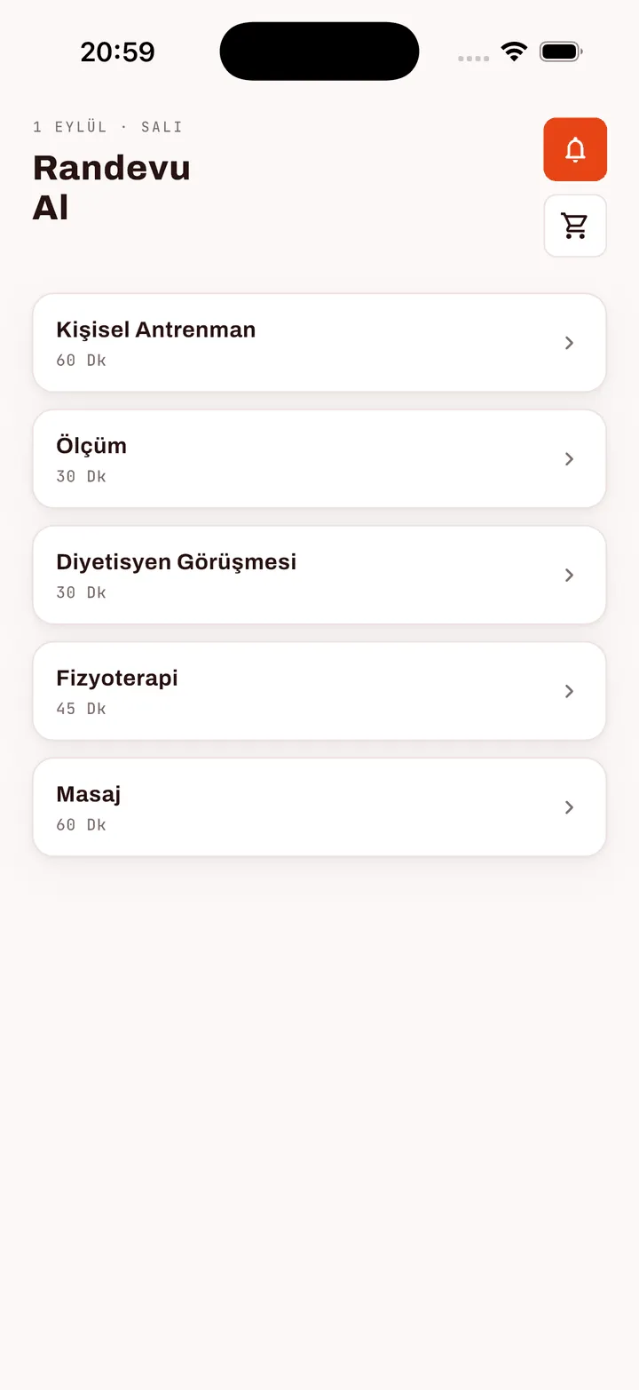 FitApp randevu ekranı: Kişisel Antrenman, Ölçüm, Diyetisyen Görüşmesi, Fizyoterapi ve Masaj hizmetleri süreleriyle listelenmiş.