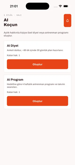 FitApp yapay zekâ koçu ekranı: AI Diyet ve AI Program kartları, her birinde kalan hak sayısı ve oluştur düğmesi.