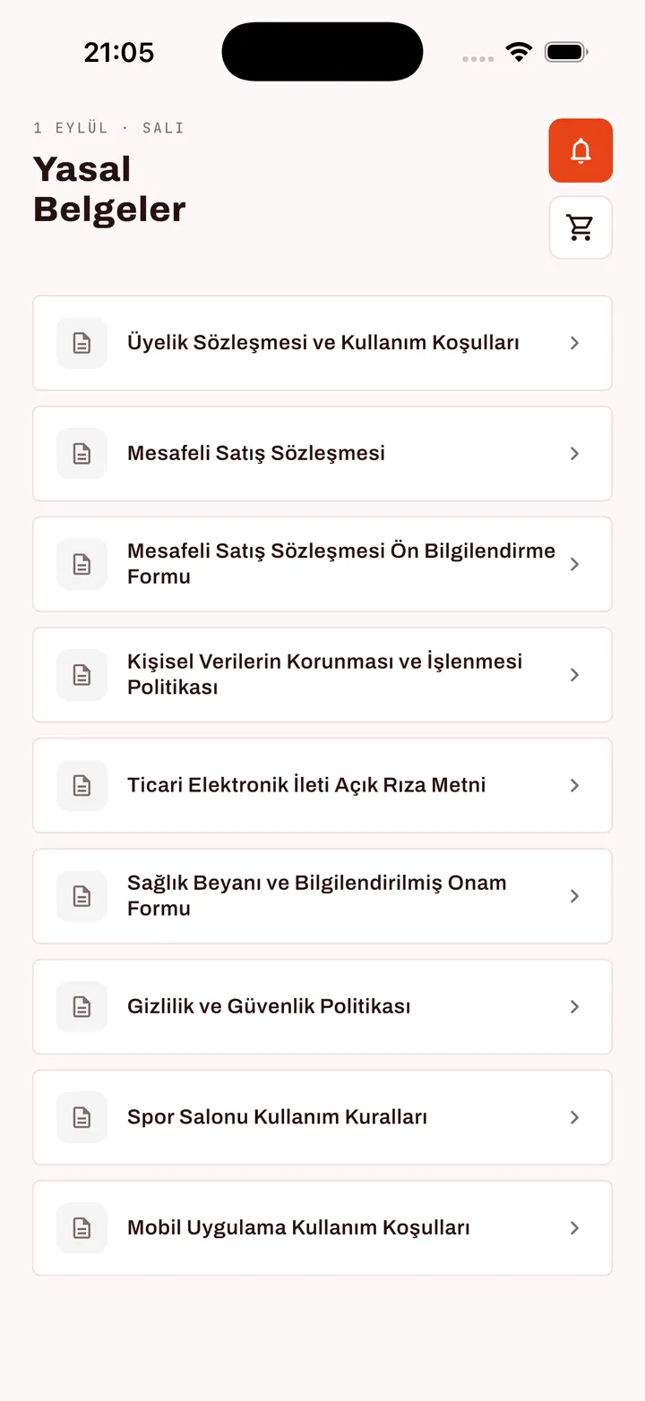 FitApp yasal belgeler listesi: üyelik sözleşmesi, mesafeli satış sözleşmesi, KVKK politikası ve sağlık beyanı formu gibi belgeler.